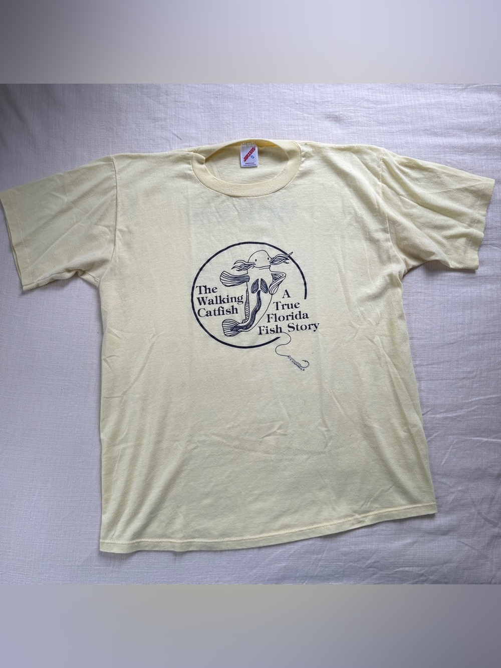 Vintage 80s Fishing Walking Catfish Graphic T Shirt XL Single Stitch USA Yellow